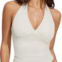 SUUKSESS Women Halter Backless Tank Tops with Built in Bra Double Lined V Neck Y2k Going Out Tops (White, L)