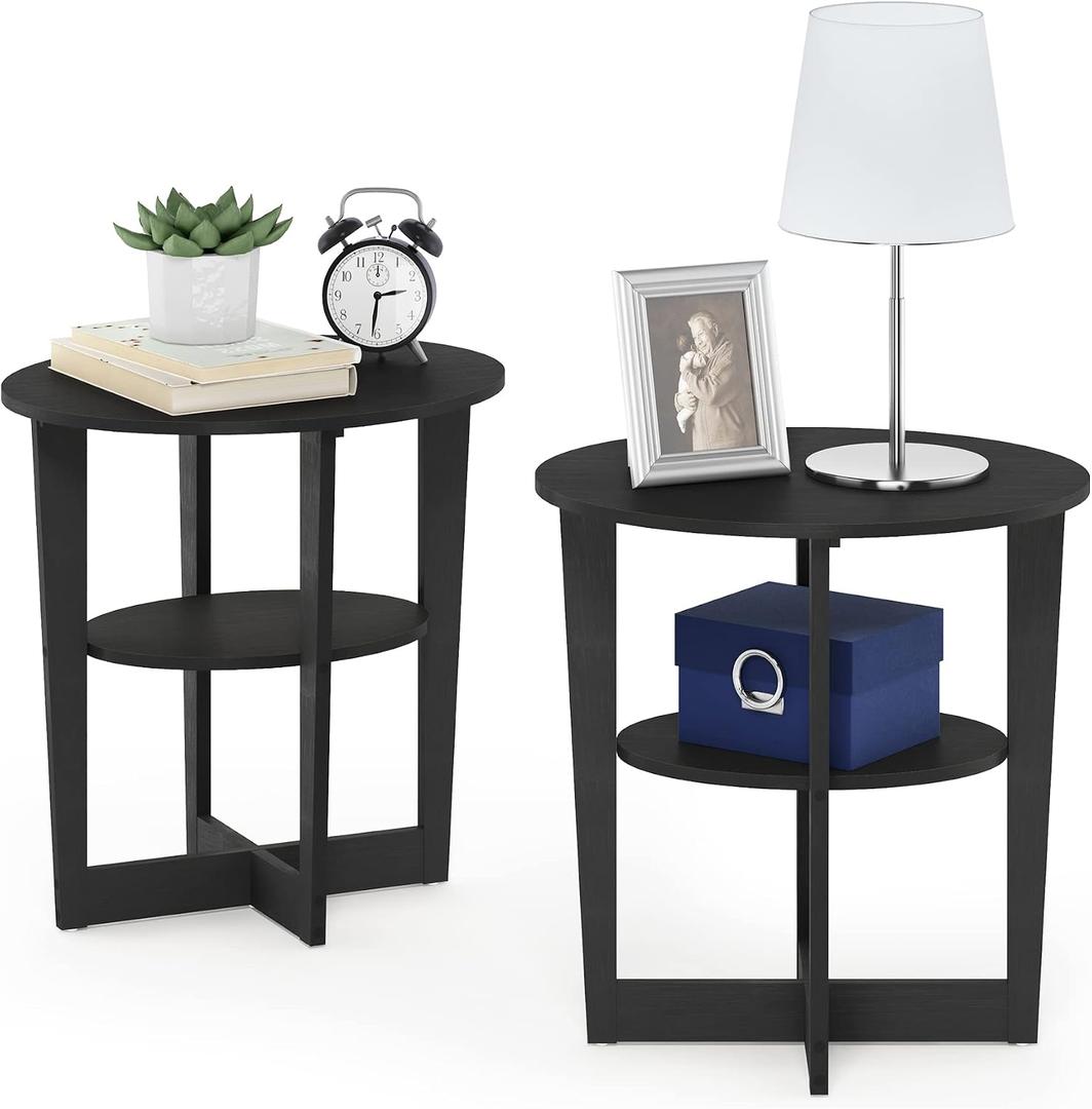 Furinno JAYA Side Table Set of 2, 2-Tier Round Modern End Table with Oval Tabletop, Night Stand, Bedside Table with Open Shelf, for Living Room, Bedroom, Walnut, 2-pack Oval Panel