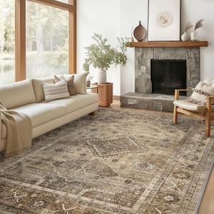 Area Rugs 8x10 for Living Room Bedroom, Machine Washable Area Rug for Living Room, Print Vintage Tribal Aesthetic Carpet, Low Pile Mat with Non Slip Rubber Backing, Distressed Umber