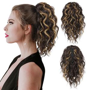 Flufymooz Ponytail Extension, 12" Short Claw Ponytail Wavy Curly Jaw Clip in Pony Tails Hair Extension Natural Synthetic Hairpiece for Women (Chocolate Brown with Blonde Highlights)