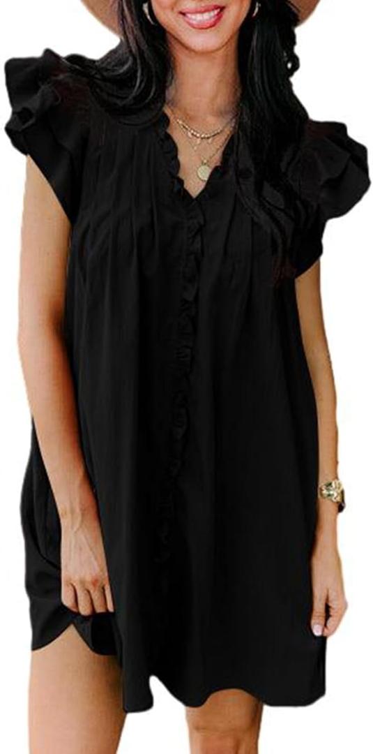 AlvaQ Womens Summer Dresses 2025 V Neck Ruffle Cap Short Sleeve Mini Dress Casual Flowy Pleated A Line Sundress with Pockets (Pink, XL)