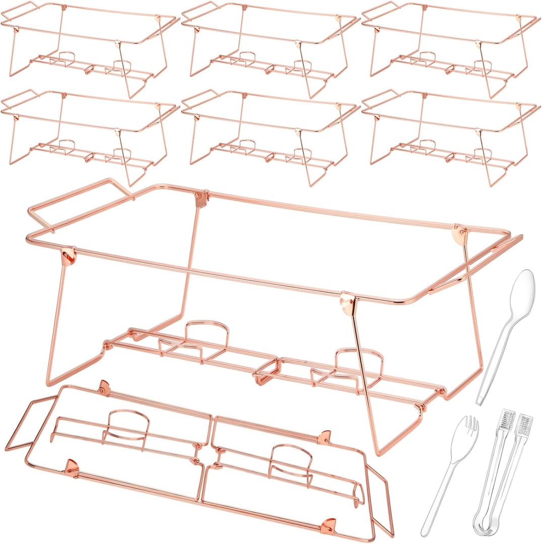 Geosar 32 Pack Wire Buffet Rack Stand Folding Chafing Stand Chrome Frame Serving Trays Food Warmer with Plastic Tong Fork and Spoon for Christmas Thanksgiving Home Party Catering Supplies (Rose Gold)