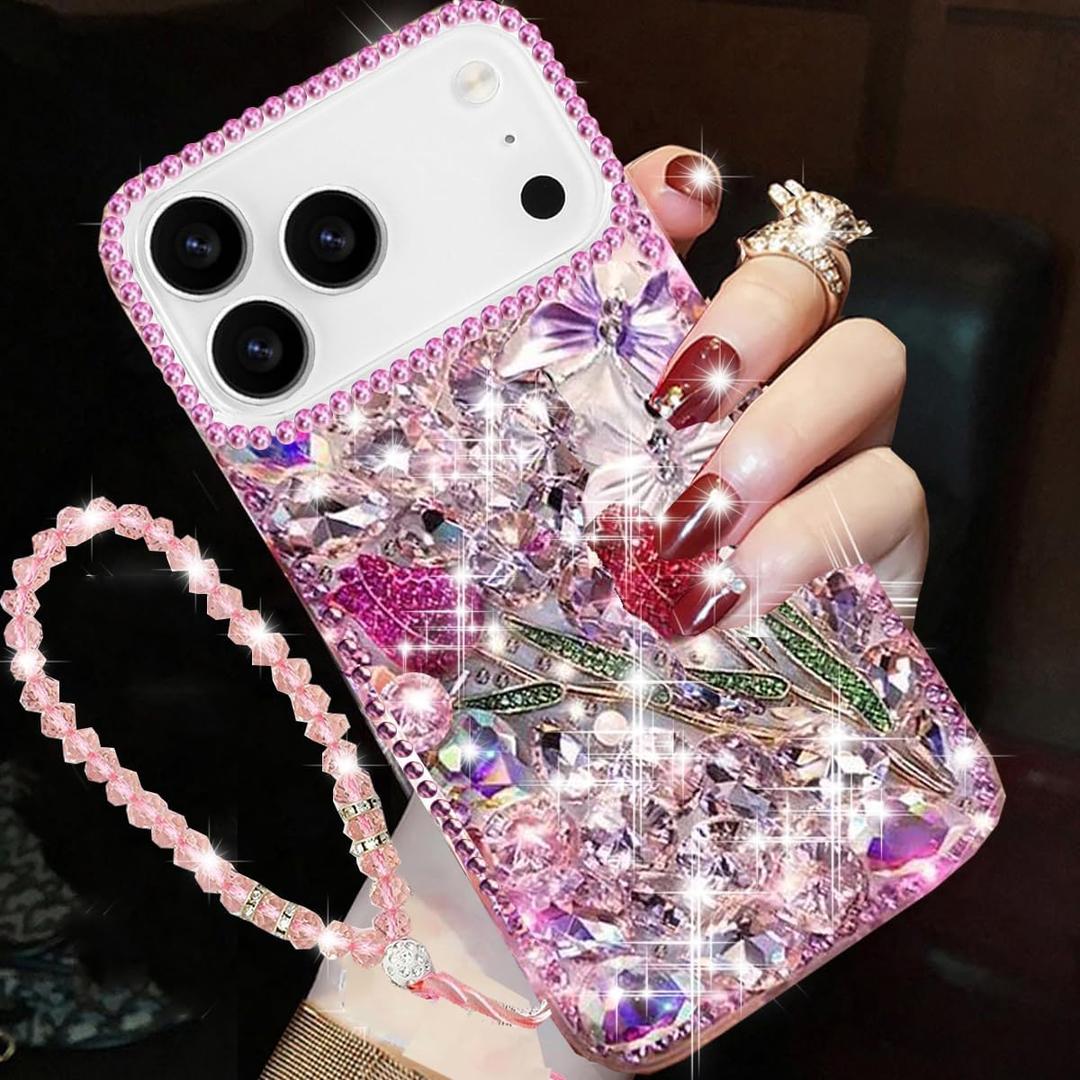 Changjia for iPhone 18 Pro Max/17Pro Max Glitter Bling Case with Strap,Pink