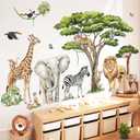 decalmile Large Safari Animals Tree Wall Stickers Jungle Animals Giraffe Elephant Lion Leopard Wall Decals Baby Nursery Kids Room Wall Decor(XXL)