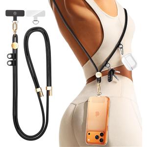 2-in-1 Multi-Function Phone Lanyard with 2 Hanging Loops for Keys & Earbud Case, Premium Metal Buckle, Anti-Theft Crossbody Strap for All Phones, for Women and Men, Black Gold