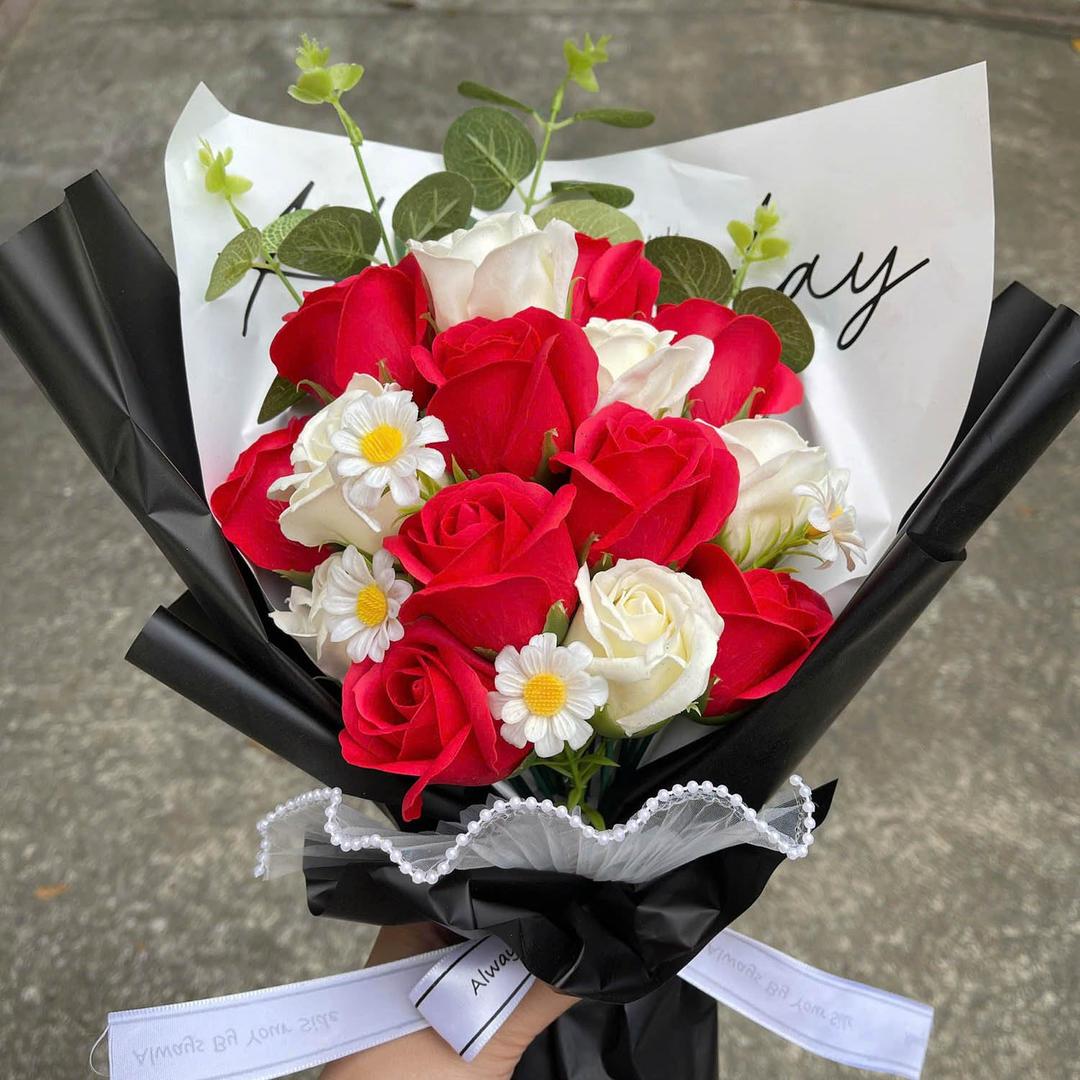 Flower Bouquet | Artificial Completed Flowers of Roses, Daisy, Strawberry Sunflower for Graduation, Birthday Gift, Mother's Day, Valentine, Wedding, Home Dcor (Red Rose)