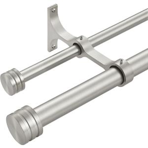 Double Curtain Rods with Aluminum End Cap and Full Enclosure Brackets, 1- Inch Front and 5/8 Inch Back Window Rod, Dual Drapery Rods Adjustable from 72 to 144 Inches (6-12 Feet), Brushed Nickel