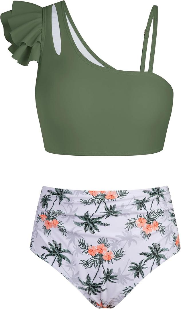 Girls Swimsuit, 2 Piece Bikini Set Ruffle Bathing Suit with Adjustable Strap Girls' Swimwear 14Y (Green)