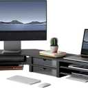 Fenge Dual Monitor Stand, Corner Monitor shelf with Drawer and Slide-Out Tray, 2 Tier Triangle Monitor Riser with Storage, Desk Shelf Organizer for Desk, Home Office, Computer, Laptop, Printer (Black)