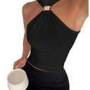 Milumia Women's Metal Halter Mock Neck Ruched Tank Top Sleeveless Slim Fit Going Out Tops Black X-Small