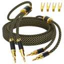 Hi-Fi Speaker Cable 4 Feet, with Banana Plugs and Convertible Gold Plated Y Spade Connectors, (Silver Plated Copper Wire, 16AWG, Multiple Shield, Nylon Braided), for HiFi Sound, Audiophiles