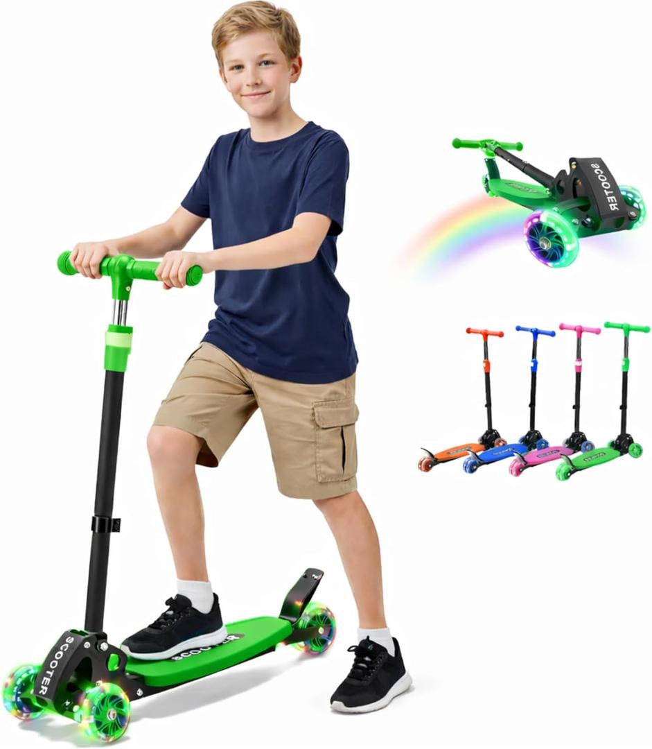 Kick Scooter for Kids Ages 6-12, Stable 3 Wheel Kids Scooter with LED Light-Up Wheels, 3 Adjustable Heights, Lean-to-Steer, Foldable, 6" Extra Wide Deck for Boys and Girls Gifts