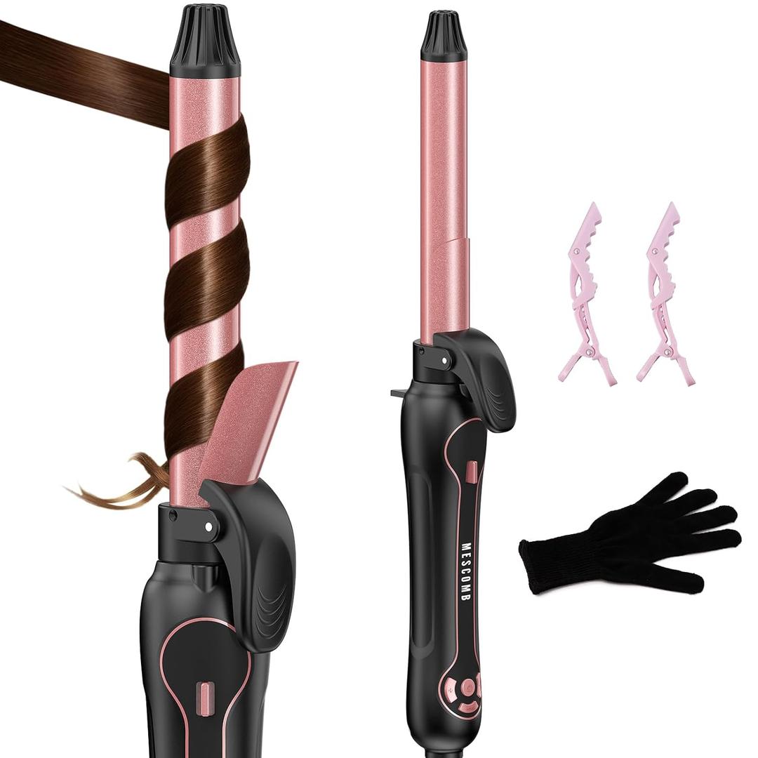 Rotating Curling Iron 1 Inch - Automatic Hair Curler Dual Voltage for All Hair Type, Fast & Effortless Auto Curling Wand with Fast Heating LCD Display 250F-450F for Lasting Beach Waves (Pink)