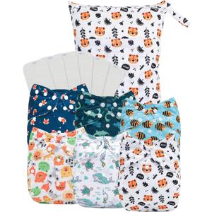 babygoal Large Cloth Diapers Pack of 13 for 3-5 Year Toddlers, Cloth Diaper Covers 6 Pack with 6pcs Inserts and Wet Bag, Reusable Washable & Waterproof 6ZFB12-ZMB-B (Animal World)