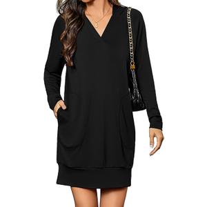 Totatuit Women Oversized Hoodies Dress Casual Long Sleeve V-Neck Hooded Sweatshirt Dress with Pockets 2025 Fall Outfits (Small, Black)