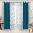 BONZER Mix and Match Curtains - 2 Pieces Branch Print Sheer Curtains and 2 Pieces Blackout Curtains for Bedroom Living Room Grommet Window Drapes, 37x84 Inch/Panel, Teal, Set of 4 Panels