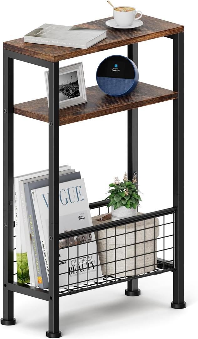 Karii Narrow Side Table, Skinny End Table for Small Spaces with Storage, 3-Tier Slim Wooden Bedside Nightstand Thin Couch Table for Living Room Bedroom Office Dorm Kitchen Bathroom (1, Rustic Brown)