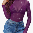 UEOIOW Women's Mock Turtle Neck Long Sleeve Tops Sheer Mesh Rhinestone Ruched Trendy Going Out Shirts Blouse S