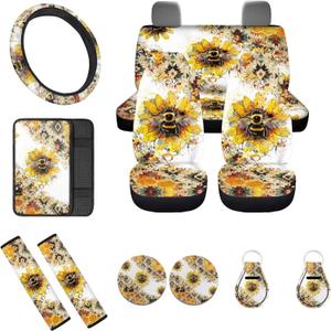 Bee Car Seat Covers 12Pcs Sunflower Bee Auto Seat Protection Accessories Full Set with 15Inch Steering Wheel Covers Seatbelt Pad Keychain Coaster Armrest Pads Vehicle Interior Set