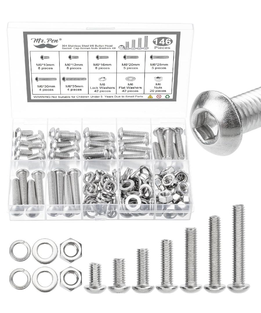 Mr. Pen- Nuts and Bolts Assortment Kit, 146 pcs, Stainless Steel, M6 Screws (7 Sizes 6-30mm)Button Head Socket Cap Screws Assorted Nuts and Bolts Nut Bolt and Washer Assortment Bolt and Nut Assortment