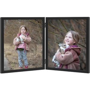 Double 8x10 Picture Frame Hinged Folding Vertical Stand for Tabletop Display, Wood Two Opening 8x10 Double Photo Frame Collage with Shatter Resistant Plexiglass, Black