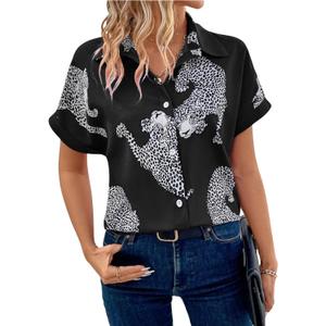 WDIRARA Women's Leopard Print Button Down Blouse Short Sleeve Collared Casual Shirt Top (X-Large, Black White)