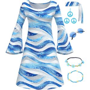 6070s Disco Outfit for Women Print Dress Psychedelic Hippie Costume Set for Halloween Party Cosplay (Medium, Blue Silver Wave)