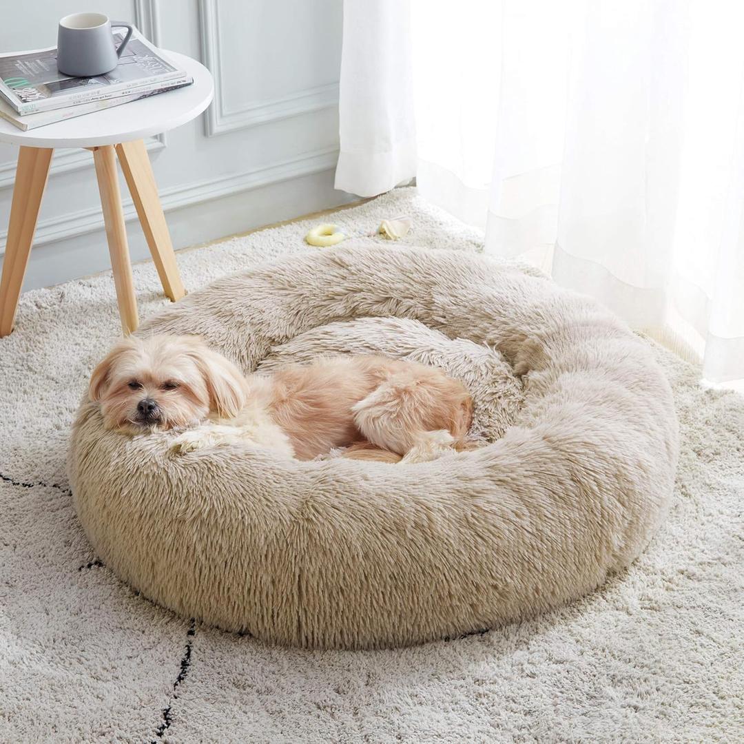 Calming Dog Bed & Cat Bed, Anti-Anxiety Donut Dog Cuddler Bed, Warming Cozy Soft Dog Round Bed, Fluffy Faux Fur Plush Dog Cat Cushion Bed for Small Medium Dogs and Cats (20"/24"/27"/30") (Brown)