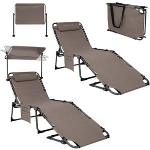KingCamp 2 Pack Tanning Chair with Face Hole, Lounge Chairs Outdoor Folding Portable Comfy Adjustable 5-Position Foldable Chaise Chaser with Canopy Shade for Outside Beach Patio Sun Bathing, Beige