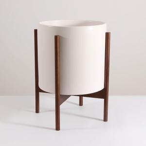 Mid Century Pot with Walnut Wood Stand - 12 inch Indoor Large Ceramic Planter for Plants, Flower, Small Tree with Drainage - Modern Wood Pots Holder - Walnut Wooden Legs - White