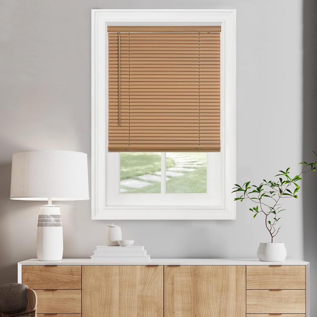 Cordless Light Filtering Mini Blind - 35 Inch Width, 64 Inch Length, 1" Slat Size - Woodtone - Cordless GII Morningstar Horizontal Windows Blinds for Interior by Achim Home Decor