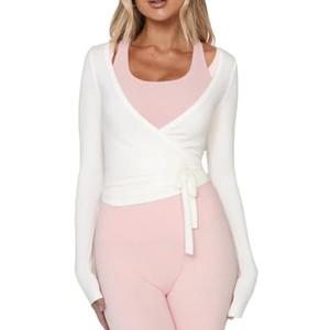 Women Ballet Wrap Top Long Sleeve Self Tie Dance Shirt Pilates Yoga Tops Y2k Workout Active Blouses, Size S, White