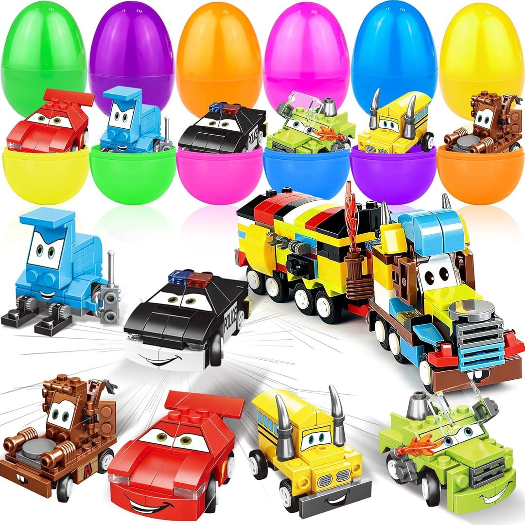 12 Pack 3" Large Filled Easter Eggs with Stem Toy Cars Kids Easter Basket Essential Plastic Surprise Egg Building Blocks 6 in 1 Transform Construction Vehicle Basket Stuffers Boy Egg Hunt Party Favor