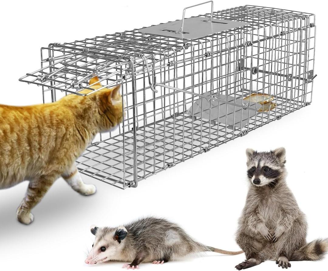23.3" Live Animal Cage Trap,Collapsible Galvanized Wire with Pedal Triggers,Indoors/Outdoors Humane Cat Trap for Stray Cats,Squirrel,Raccoons,Mouse,Groundhogs, Foxes,Armadillos