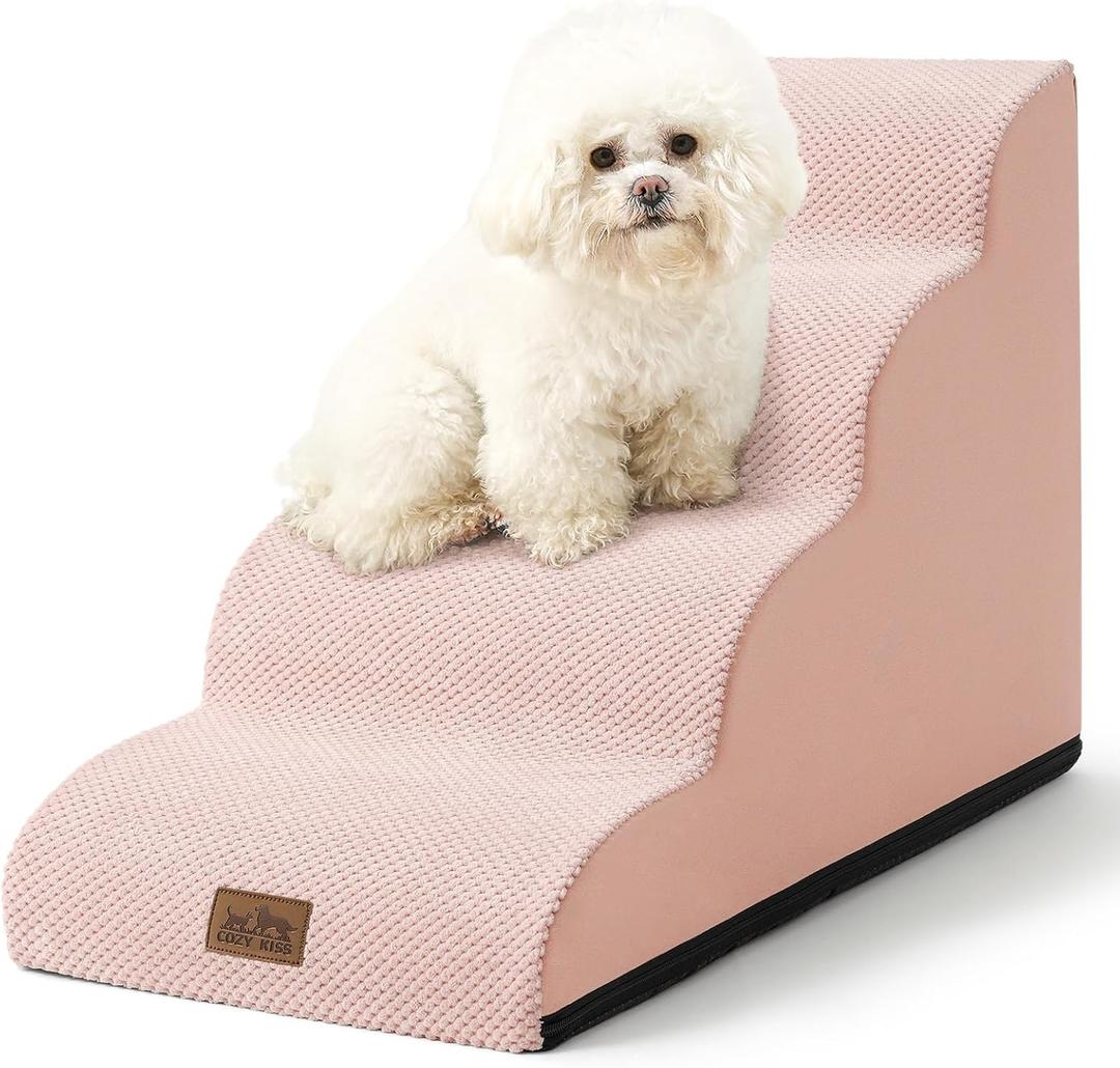 COZY KISS Dog Stairs for Small Dogs 19.7" H, Curved Dog Step for Puppy, Older or Cat, Medium Pet Ramp for Sofa, Couch or Bed, Ladder with High Density Foam, 4 Step, 15.7x28.3x19.7 inch, Pink
