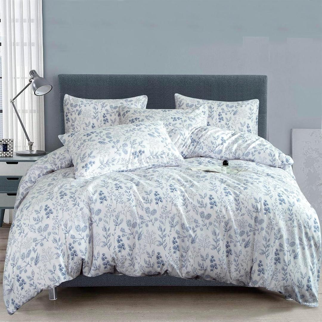 Floral 3-Piece Soft Cute Bedding Set - King Garden Style Blue Flower Print Botanical Comforter and 2 Pillowcases (King(90"x104"))