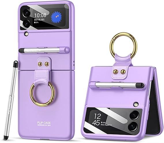 for Samsung Galaxy Z Flip 3 Case with Pen and Ring, Ultra Thin Matte Leather Anti-Drop Phone Cover with Camera Screen Protector for Samsung Galaxy Z Flip 3 5G (ZFlip3-Purple)