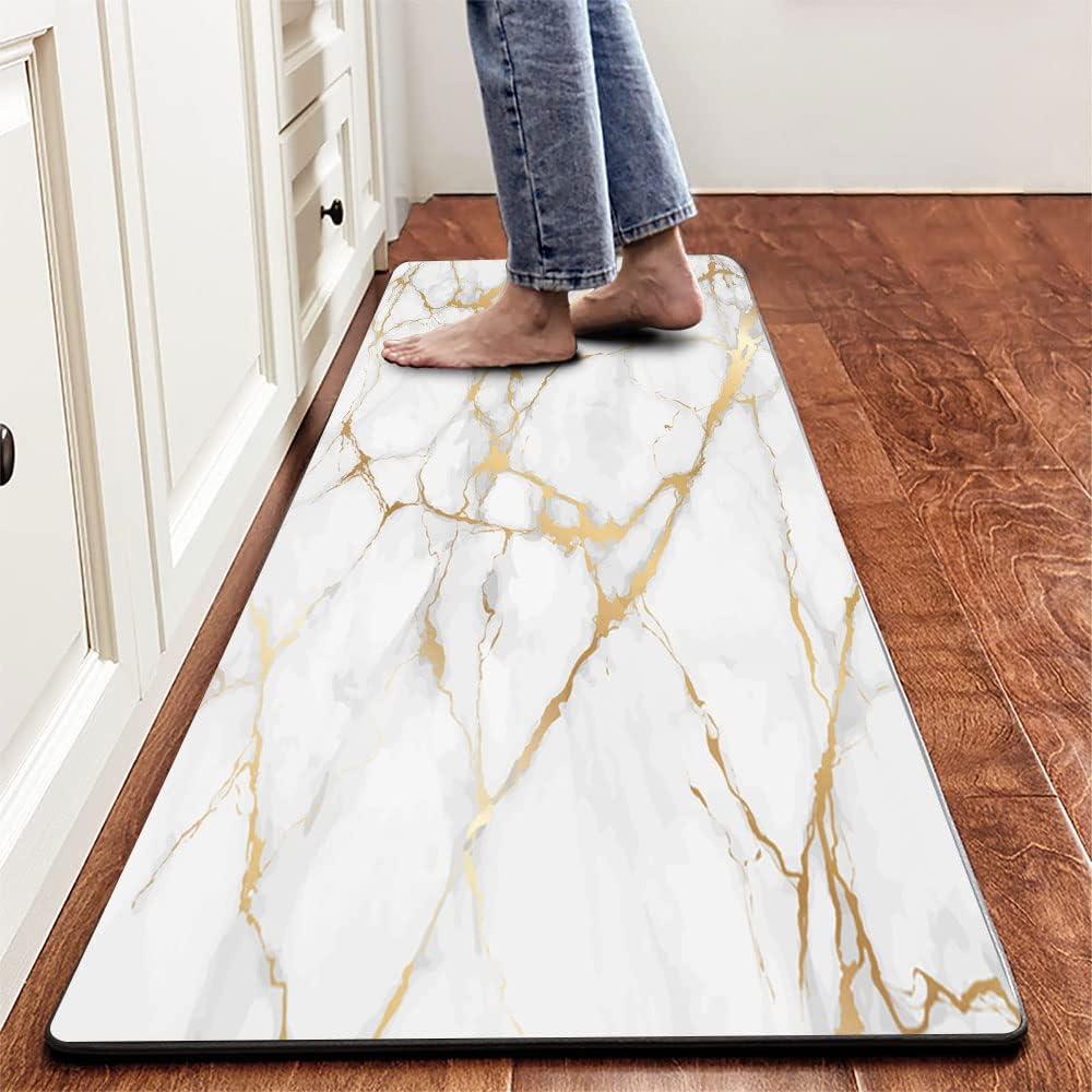 Mrcrypos Marble PVC Leather Kitchen Rug Runner Waterproof Non Slip Cushioned Standing Mats Anti Fatigue Oil Resistant Kitchen Comfort Mats for Floor, Sink, Laundry, Office 17"x47" Luxury Marble Gold