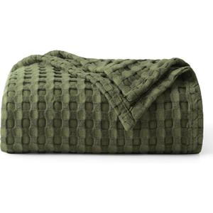 Bedsure Cooling Cotton Waffle Weave Throw Blanket - Lightweight Breathable Blanket of Rayon Derived from Bamboo for Hot Sleepers, Luxury Throws for Bed, Couch and Sofa, Olive Green, 50x70 Inches