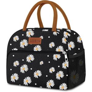 Coobiiya Lunch Bag Lunch Box for Women Men, Reusable Cute Lunchbag - Leakproof, Adult Insulated Lunch Box Tote with Large Capacity, Cooler Container for Work, Travel, Office (Black Daisy)