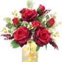 HUAESIN Valentine Centerpieces for Tables Valentines Day Flowers in Vase Red Artificial Roses with Light Valentine's Day Decorations for Wedding Party Kitchen Dining Room Home Decor