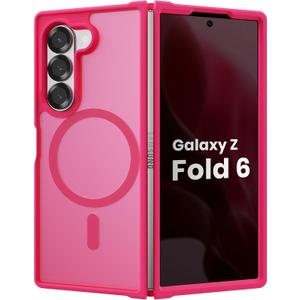 Magnetic Case for Samsung Galaxy Z fold 6 Case, Slim Translucent Matte Phone Cover with Shockproof TPU Frame & Scratch-Resistant PC Back, Strong Magnetic Ring, Hot Pink