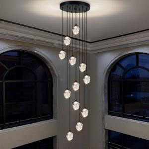 Diamond Crystal Chandelier for Staircases, Adjustable Hanging Lighting for Stairwell K9 Crystal 12-Light Pendant Light for Dinning Room Living Room Entryway (Black)