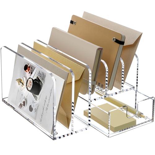 SANRUI Desk Organizers and Accessories, Acrylic Mail Organizer Countertop, 5-Slots File Sorter with Drawer, Desktop Organizer for Office Supplies