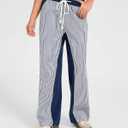 Kedera Women Stripe Straight Pants Pull On Drawstring Loose Baggy Pants Low Rise Boyfriend Boho Trousers 2025, Navy Blue Stripes, 14
