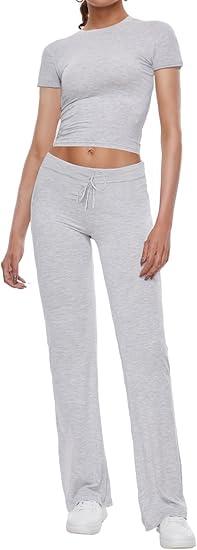 Women's 2 Piece Lounge Sets Straight Leg Pants Set Short Sleeve Crop T-shirt Casual Outfits Comfy Loungewear S