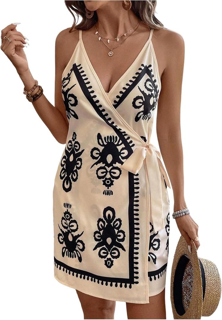 Verdusa Women's Satin Graphic Bow Tie Mini Wrap Dress Backless Spaghetti Strap Dresses (Medium, Multicolor)
