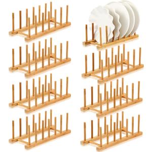 Yinkin 8 Pcs Bamboo Wooden Plate Rack Dish Drying Rack Wood Pot Lid Holder Stand Kitchen Cabinet Organizer for Bowl Cup Cutting Board