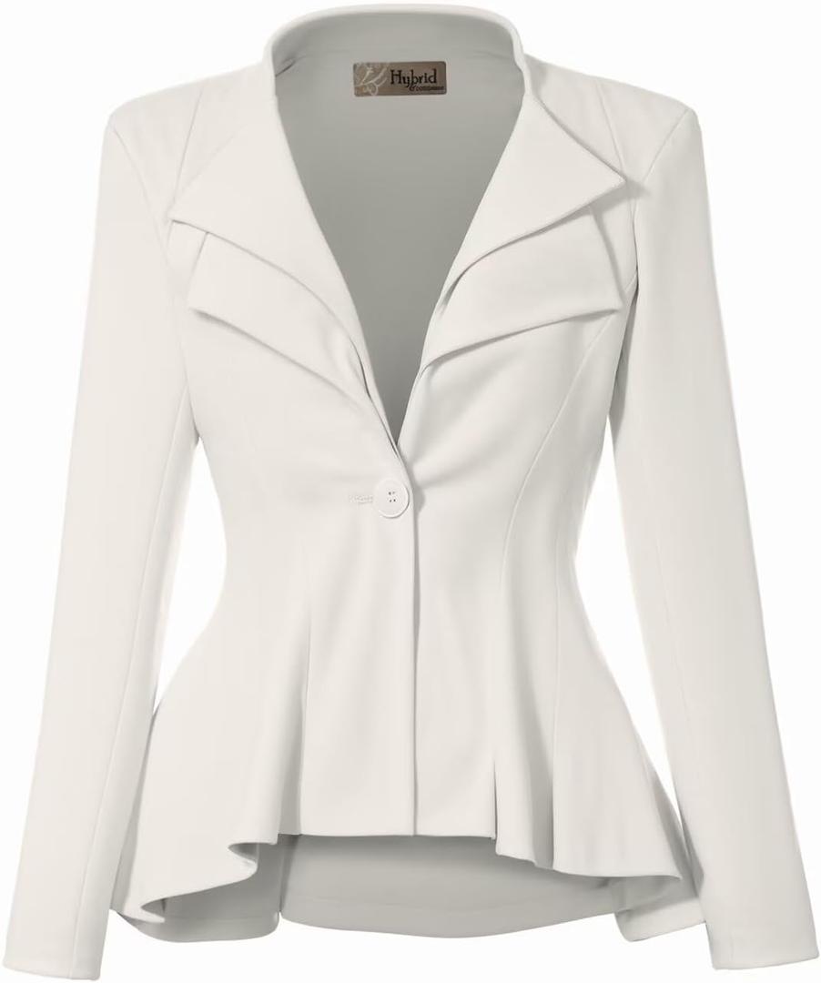 Hybrid & Company Women's Casual Work Office Dressy Double Lapel Single Button Peplum Comfortable Blazer (White, XL)