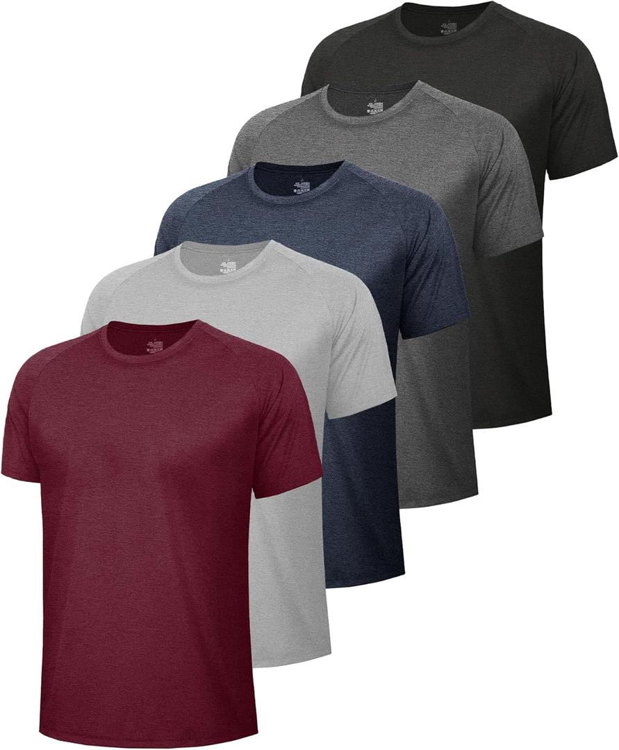 5 Pack Workout Shirts for Men-Quick Dry Black Gym Moisture Wicking Short Sleeve T-Shirts for Running Athletic Casual (Large, 1-heather Black/Dark Grey/Navy/Light Grey/Wine)